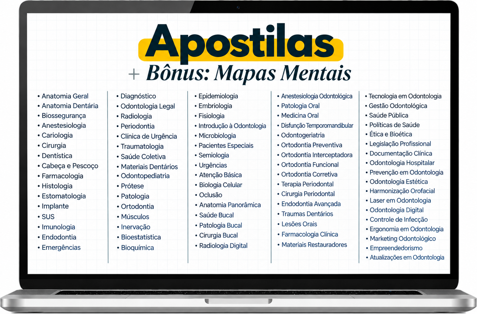 Notebook exibindo a lista de apostilas e mapas mentais de Odontologia