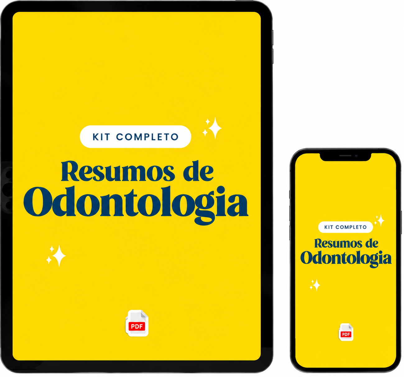 Kit Completo de Resumos de Odontologia exibido em tablet e celular